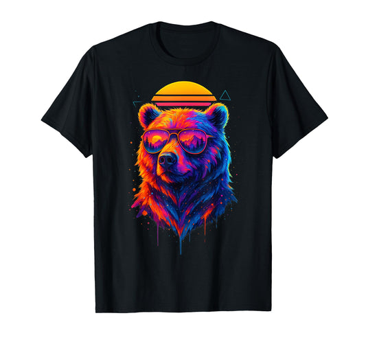 Retro Bear Wearing Sunglasses Wildlife Graphic Colorful Bear T-Shirt