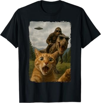 Cat T-Rex Bigfoot Ufo Selfie Men Women T-Shirt