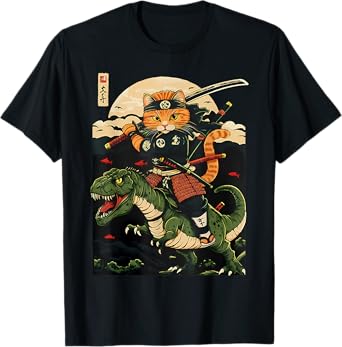Samurai Cat Riding Dinosaur Japanese Ukiyo-e Cat Samurai T-Shirt for Men Women