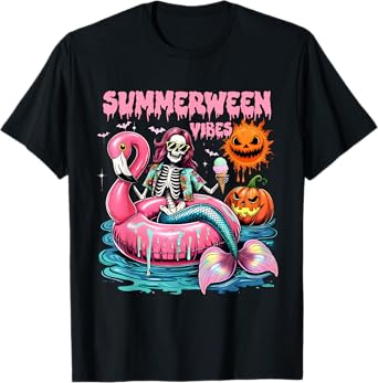 Summerween Vibes Spooky Summer Mermaid Skeleton Halloween T-Shirt