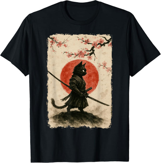 Samurai Cat Bushido Vintage Ukiyo E Japanese Graphic Art T-shirt