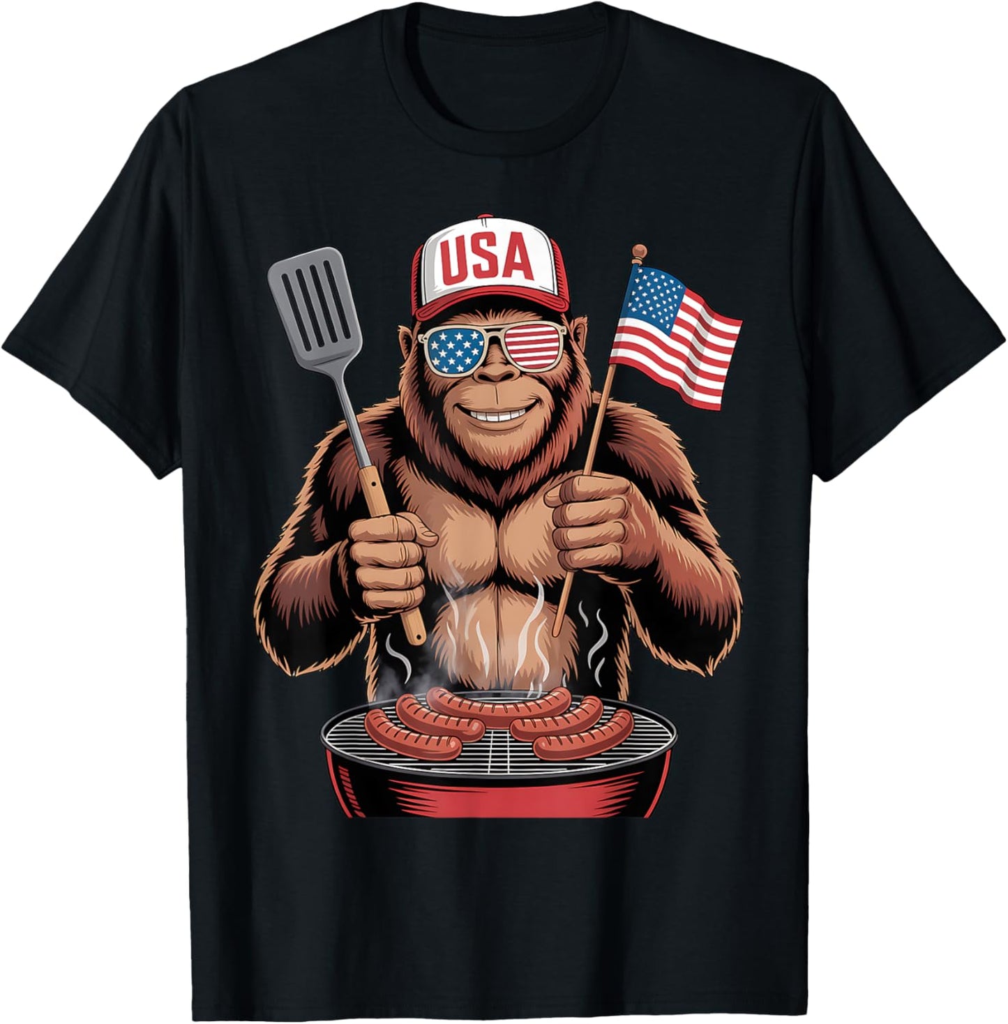 Bigfoot Bbq 4th Of July Funny Patriotic Sasquatch Usa Flag T-shirt