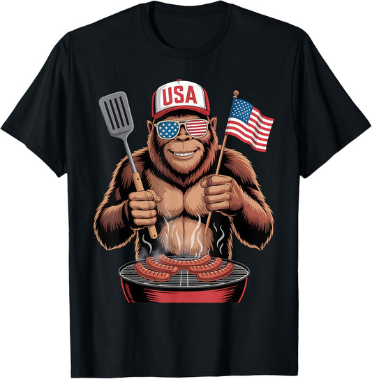 Bigfoot Bbq 4th Of July Funny Patriotic Sasquatch Usa Flag T-shirt