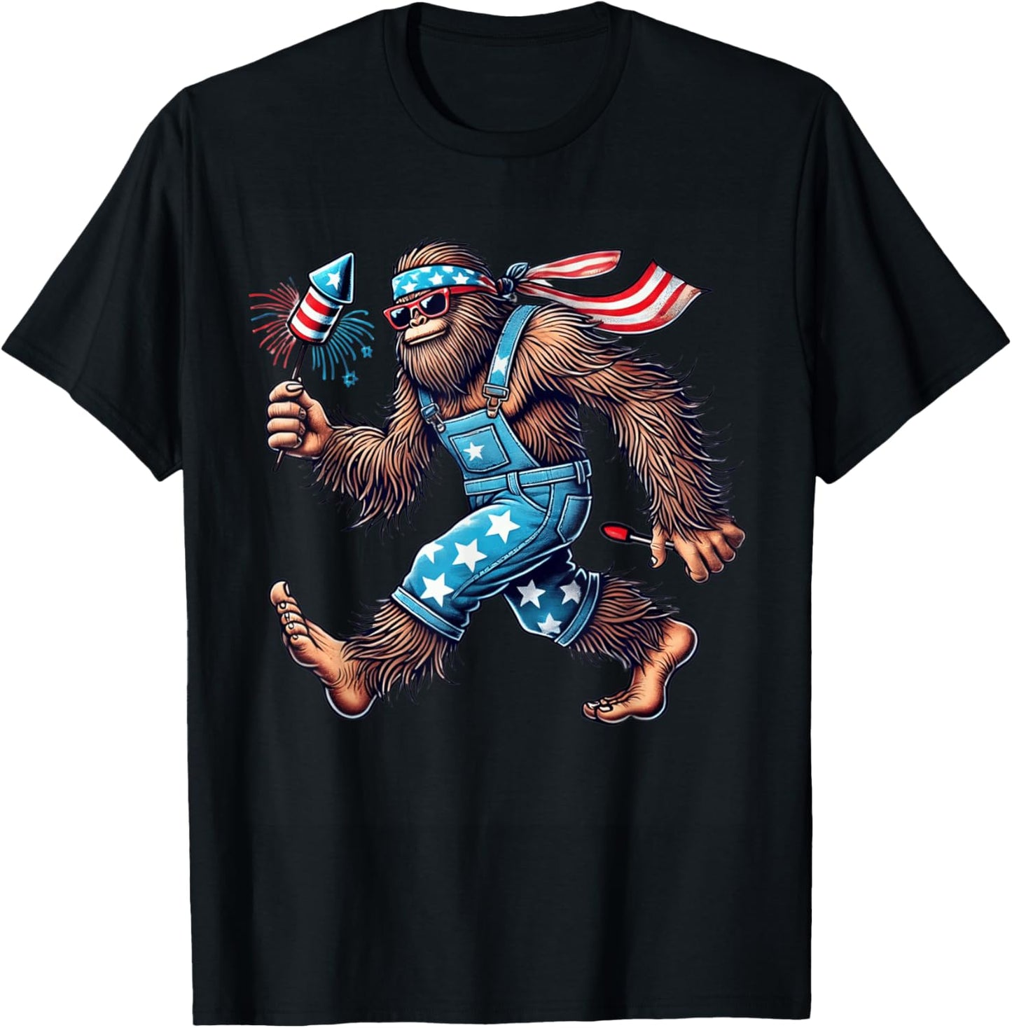 Bigfoot Fireworks 4th of July Men Sasquatch US Flag Men Boys T-Shirt