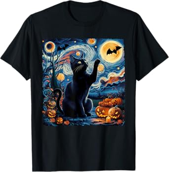 Halloween Van Gogh' Starry Night Black Cat Pumpkins Bats T-Shirt for Men Women Kids