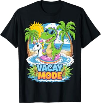 Vacay Mode Dinosaur with Unicorn Floatie Funny Tee T-Shirt