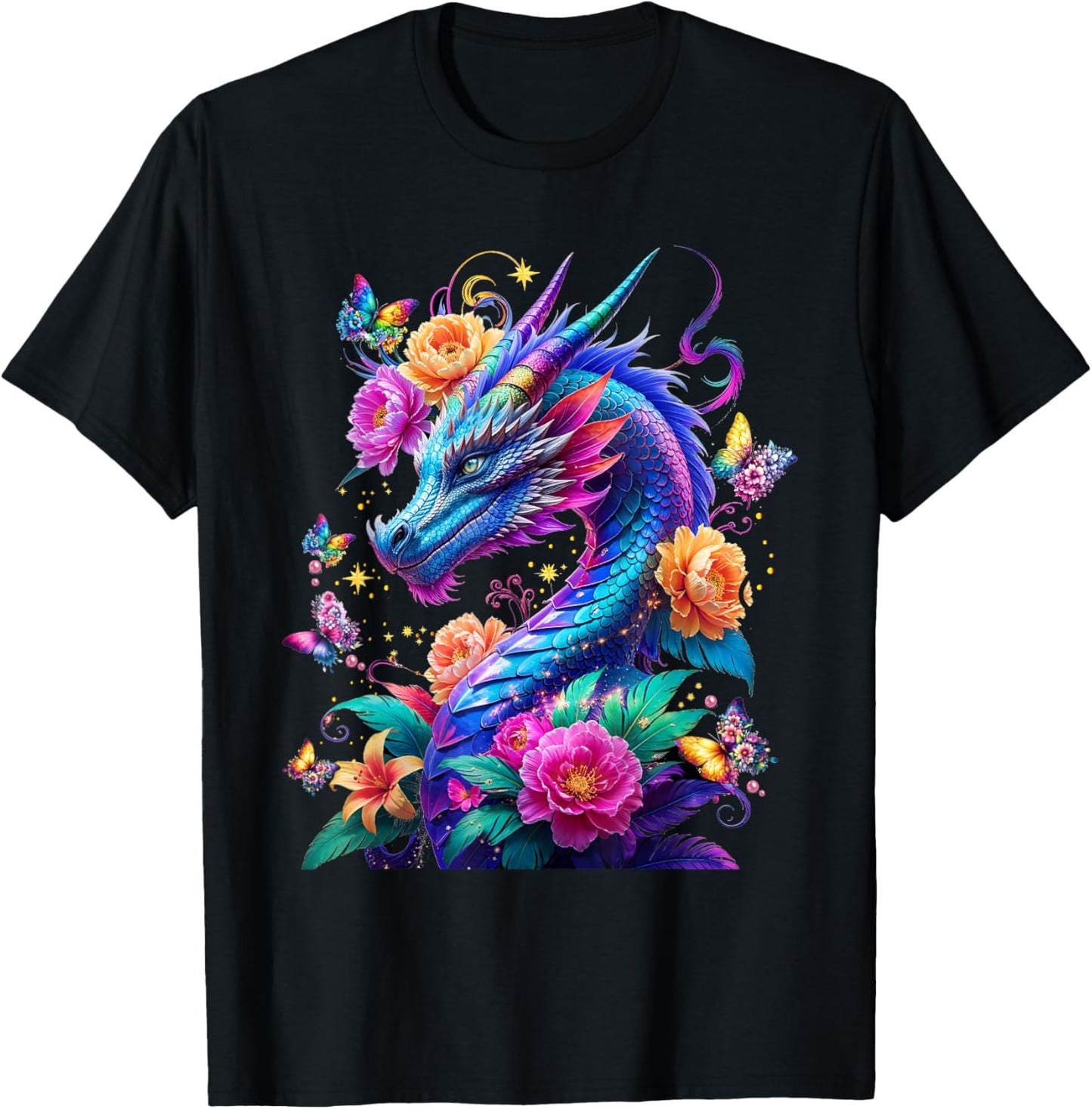 Watercolor Dragon Flowers Beautiful Art Colorful Graphic T-Shirt