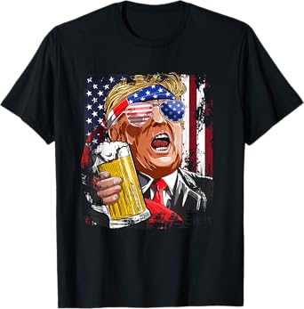 Donald Trump Drinking Beer Merica Trump 4th Of July US Flag T-Shirt