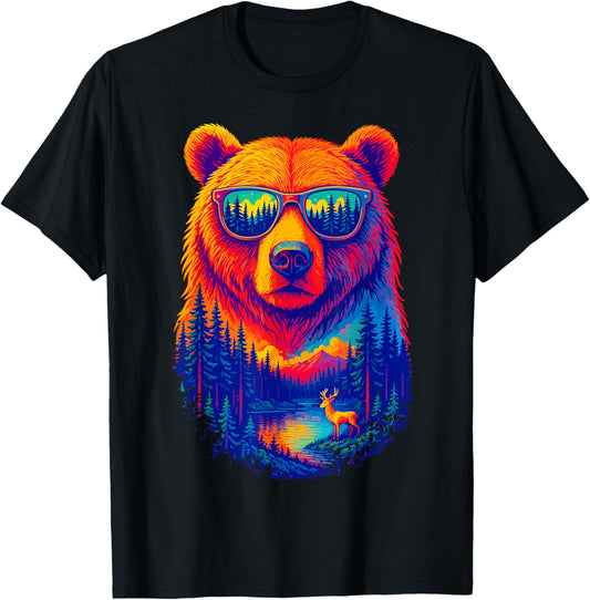 Bear Sunglasses Wildlife Deer Campfire Nature Vintage Forest T-Shirt