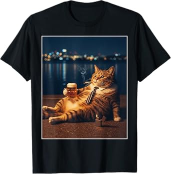 Funny Cat Meme Smoking Beer Retro Night T-Shirt