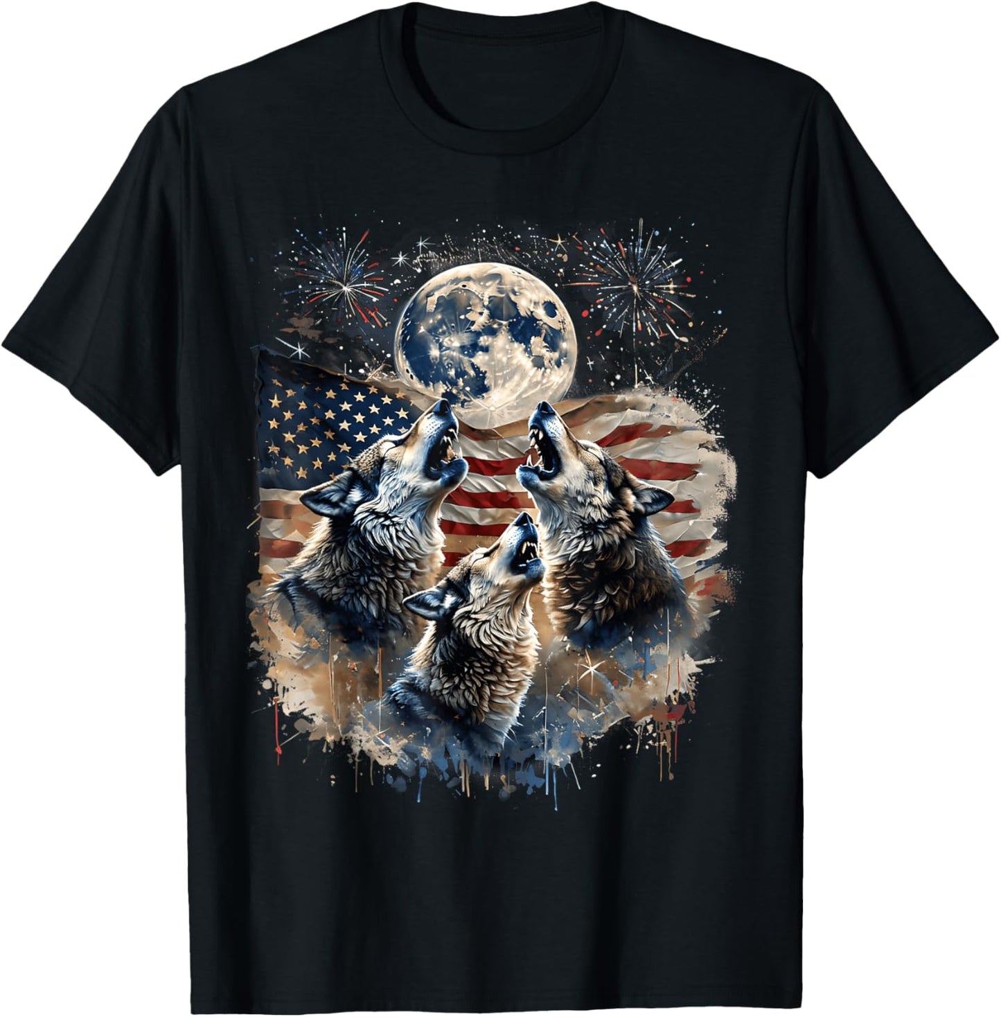 Wolf 4th Of July Howling Wolves Under Moon American Flag T-Shirt