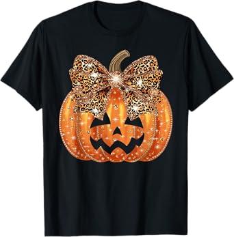 Pumpkin Leopard Coquette Bow Girly Women Girls Halloween T-Shirt