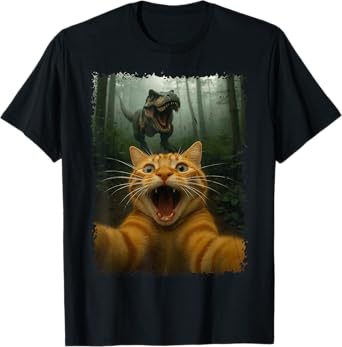 Funny Cat Selfie with T-Rex Dinosaur T-Shirt