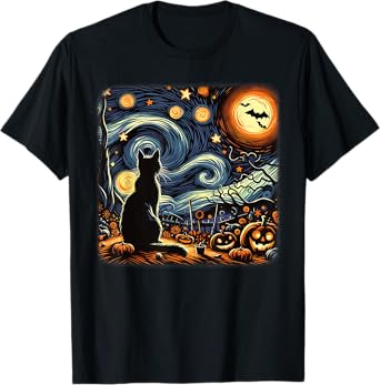 Halloween Black Cat Van Gogh Starry Night Cat Lovers Cat T-Shirt