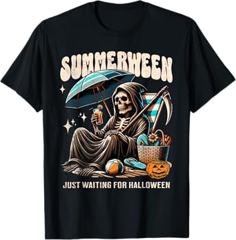 Summerween Grim Reaper Skeleton Summer Vibes Halloween Ghost Men Women Kids T-Shirt