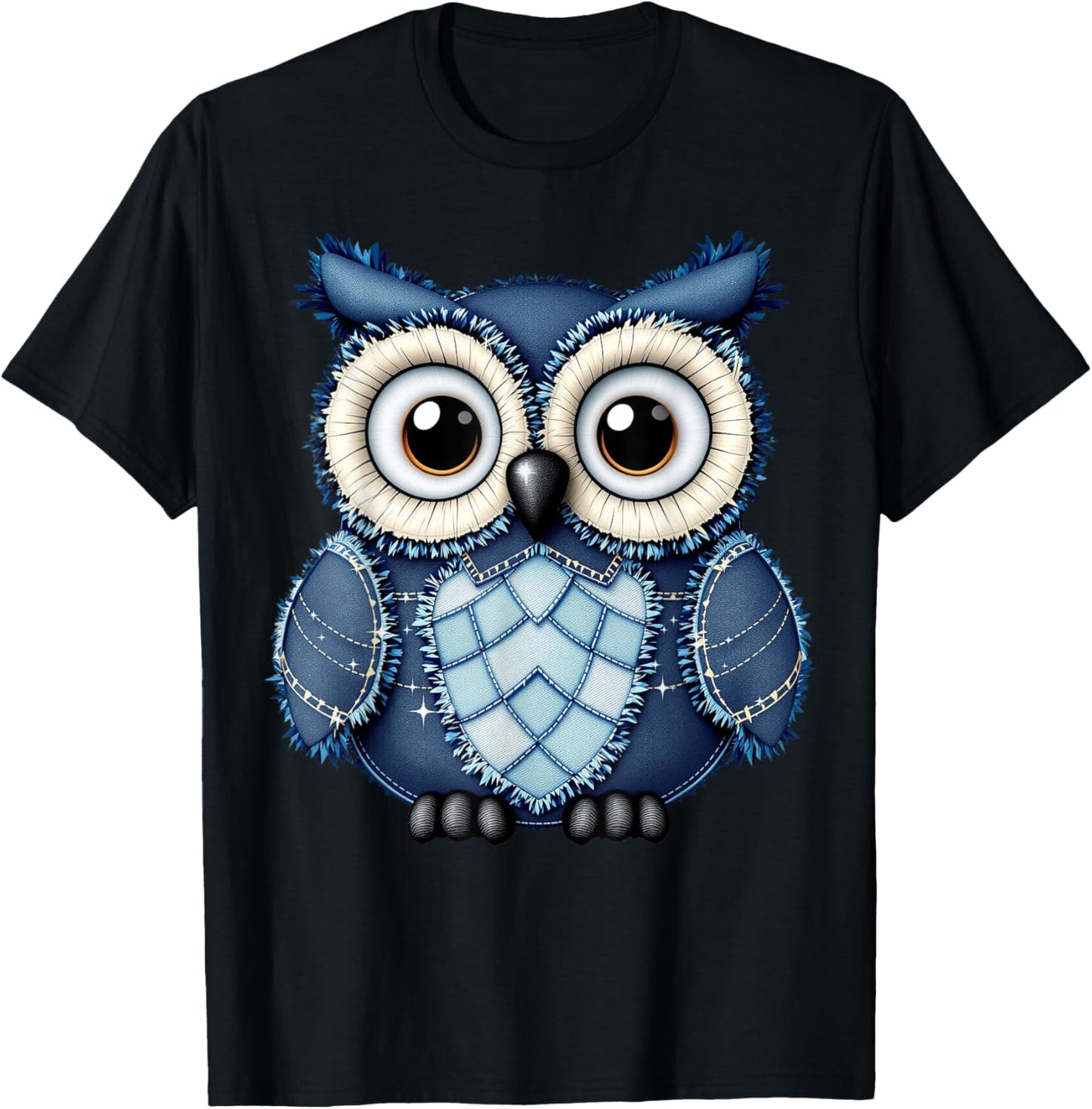 Cute Owl Men Women Owl Pattern Denim Patchwork Art T-Shirt