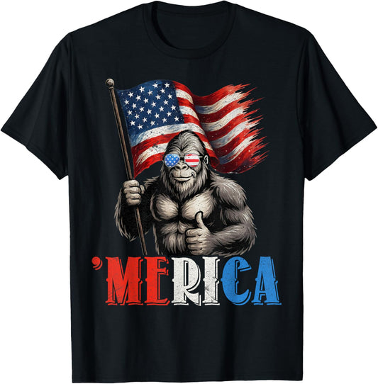 Bigfoot Merica American Flag Patriotic 4th Of July T-shirt