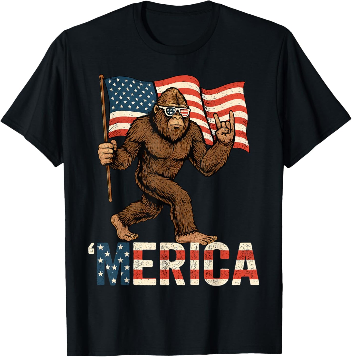Bigfoot Merica Rock Patriotic American Flag 4th Of July T-Shirt