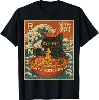 Vintage Japanese Anime Cat Ramen Noodles Ukiyo-e Kawaii T-Shirt