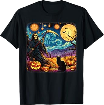 Halloween Van Gogh Starry Night Grim Reaper Pumpkins Cats T-Shirt