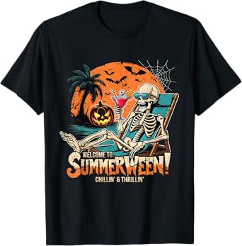 Summerween Skeleton Beach Halloween Tropical Art T-Shirt