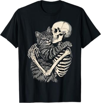 Skeleton Hugging Cat Halloween Cat Lover Cat Mom Dad T-Shirt