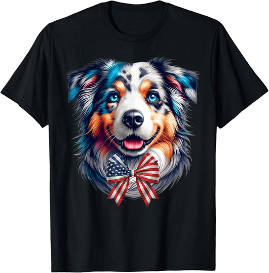 Australian Shepherd American Flag Usa Patriotic Bow Graphic T-shirt