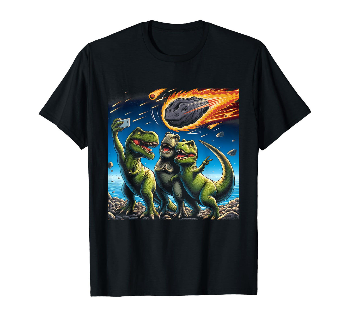 Dinosaur T Rex Selfie Amid Falling Meteor Extinction Moment T-Shirt
