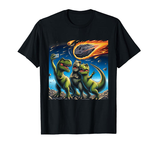 Dinosaur T Rex Selfie Amid Falling Meteor Extinction Moment T-Shirt