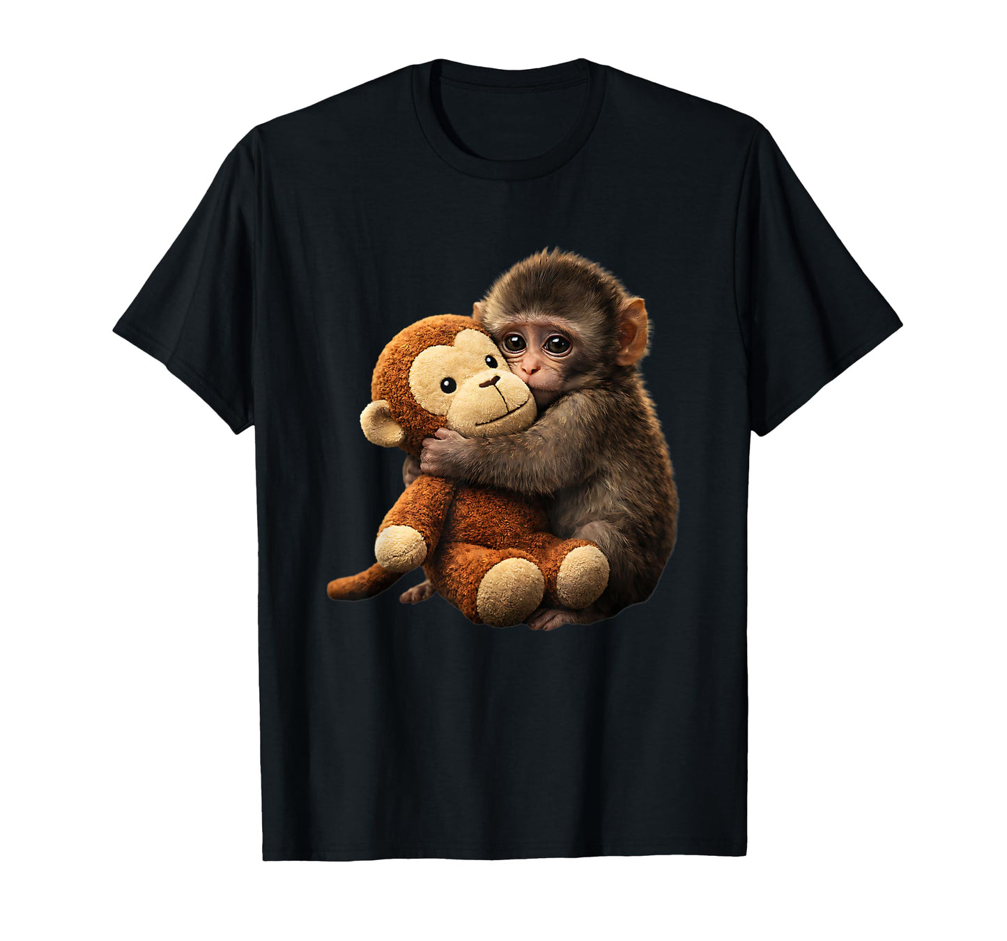Baby Monkey Punch Plush Cute Monkey Punch Plush Hugging T-Shirt - T-Shirt | Black