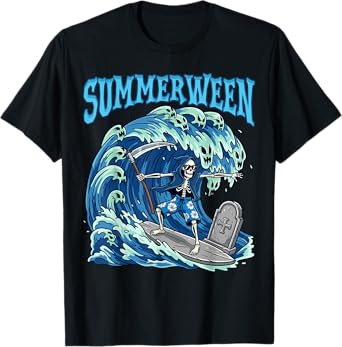 Summerween Skeleton Surf Grim Reaper Beach Spooky Halloween T-Shirt