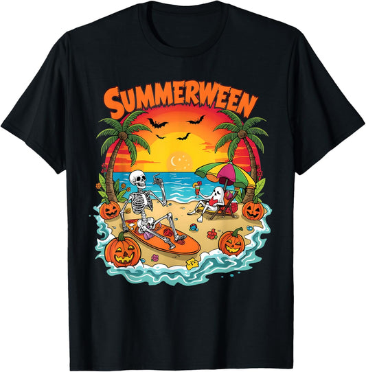Summerween Skeleton Beach Party Halloween Vibes T-Shirt