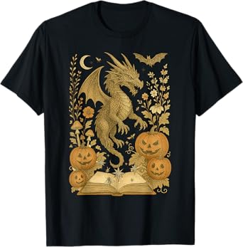 Retro Floral Dragon Book Pumpkin Spooky Reading Halloween T-Shirt