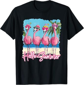 Pink Flamingo Hello Summer Vibes Beach Palm Tree T-Shirt