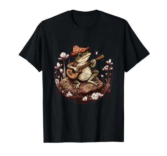 Aesthetic Vintage Frog Store Co. Vintage Toad Frog Playing Banjo Mushroom Cottagecore Unisex-Adults & Kids T-Shirt - Black, Small