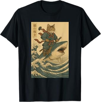 Vintage Anime Cat Japanese Funny Samurai Cat Riding Shark Men Women Kids T-Shirt