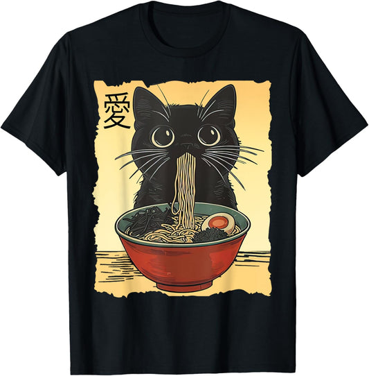 Funny Cat Ramen Graphic Tee Japanese Kawaii Anime Cat T-Shirt