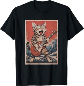 Cat Playing Guitar Tshirt Men Women Distressed Rock and Roll T-Shirt