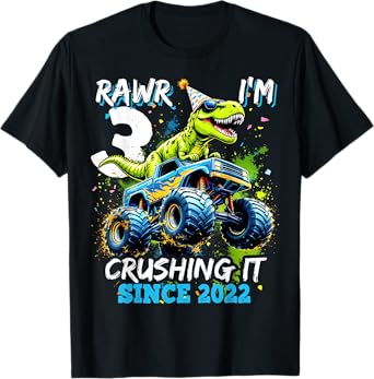 3rd Birthday Monster Truck Dinosaur Party Boys Rawr I'm 3 T-Shirt