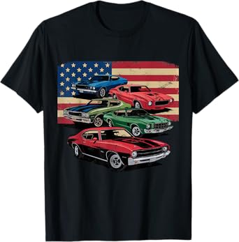 Vintage Classic Cars Muscle Car American Flag Patriotic T-Shirt