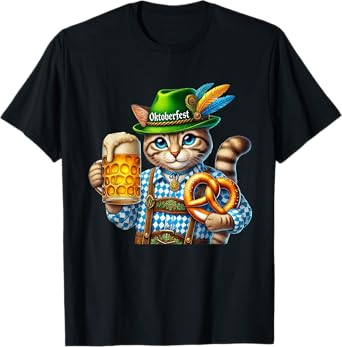Oktoberfest Cat Beer Pretzel Costume for Men Lederhosen T-Shirt