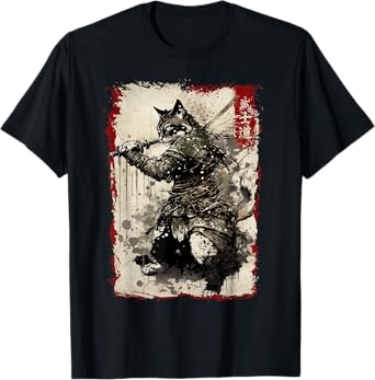 Samurai Cat Graphic Tee Warrior Vintage Japanese Art Anime T-Shirt