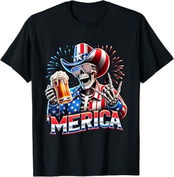 4th of July Patriotic Beer Vibes Skeleton Toast Funny T-Shirt