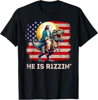 He Is Rizzen Jesus Has Rizzen Retro Christian Dinosaur T-Shirt