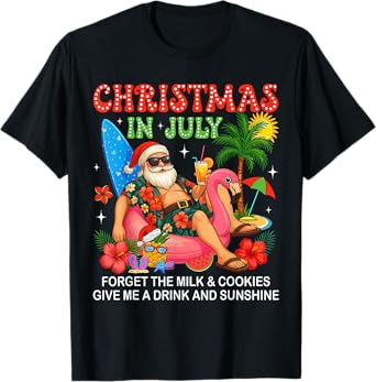 Christmas In July Boys Girls Kids Santa Flamingo Summer Xmas T-Shirt