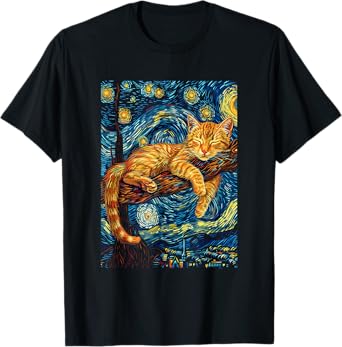 Cat Starry Night Van Gogh Cat For Cat Lover Cat Mom Cat Dad T-Shirt