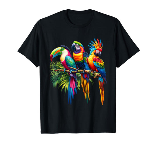 Vibrant Tropical Parrots – Exotic & Colorful Wildlife Art T-Shirt
