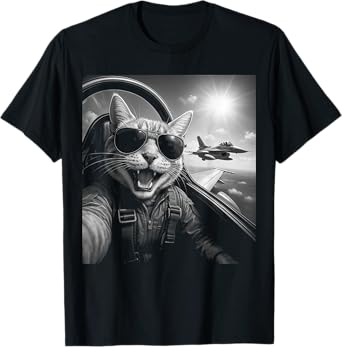 Funny Cat Selfie Pilot Jet Fighter Airplane Cat Gifts Men Women Kids T-Shirt