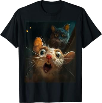 Funny Surprised Scared Mouse Selfie in Front of Sneaky Cat T-Shirt