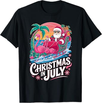 Christmas in July Santa Flamingo Float Summer Beach Vacation T-Shirt